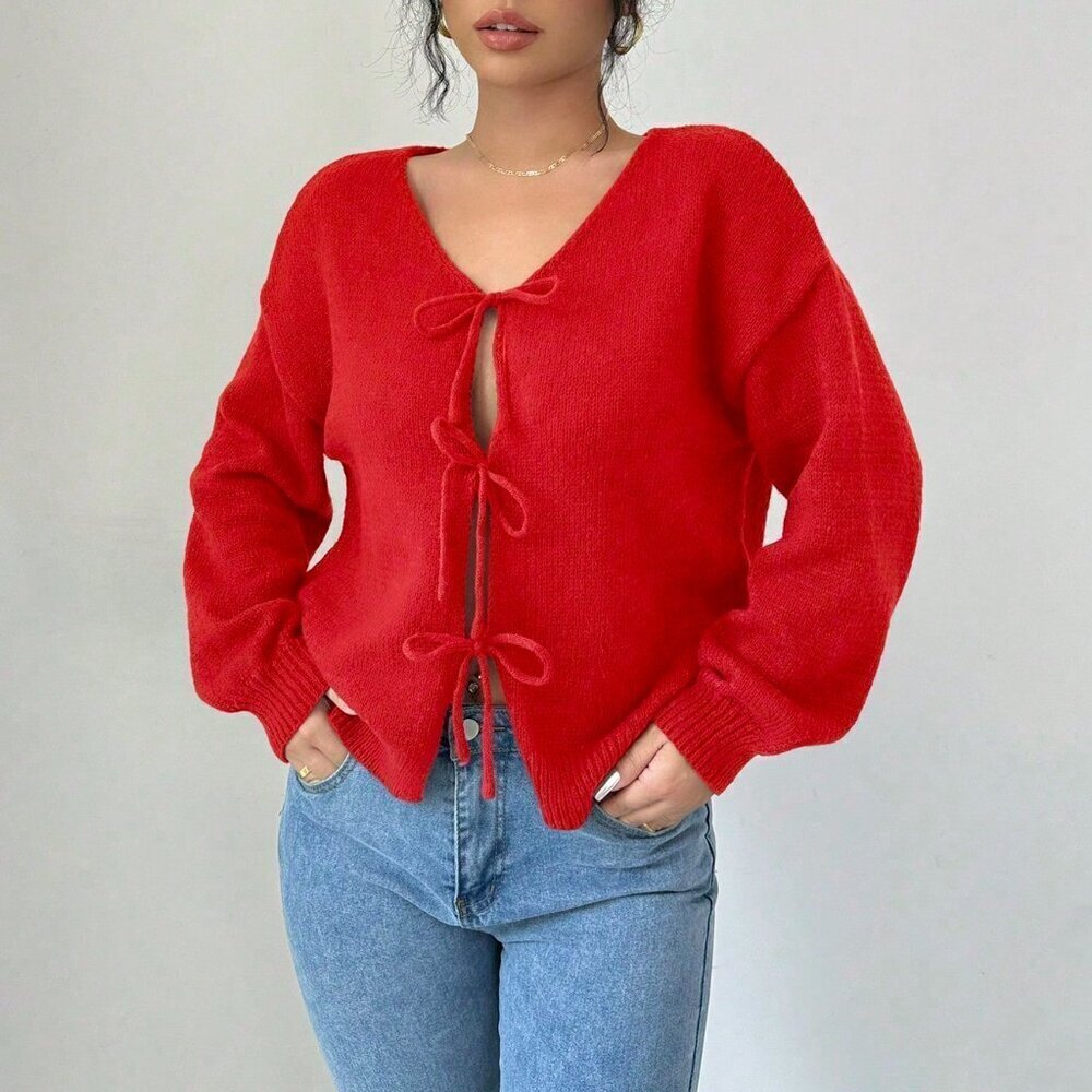Red Casual Women's Front Tie Long Sleeve Blouse